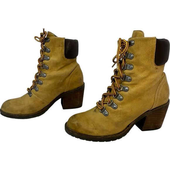 Shoe Cult Nasty Gal Lace Up Boots Womens 6 Tan Block Heel Logger Packer Grunge - Picture 2 of 12